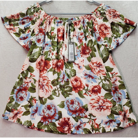 Alex Parker Blouse Top Womens Medium White Multi Floral Ruched Off the Shoulder‎ - Picture 1 of 9